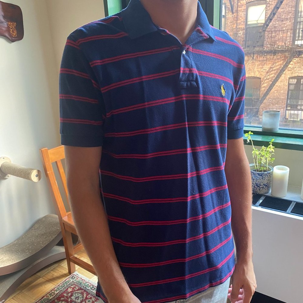 Navy Blue and Red Striped Collared Polo Shirt
